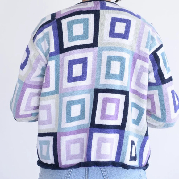 Vintage Talbots Navy Purple Geometric Squares Button Up Cardigan Sweater L - Picture 2 of 10